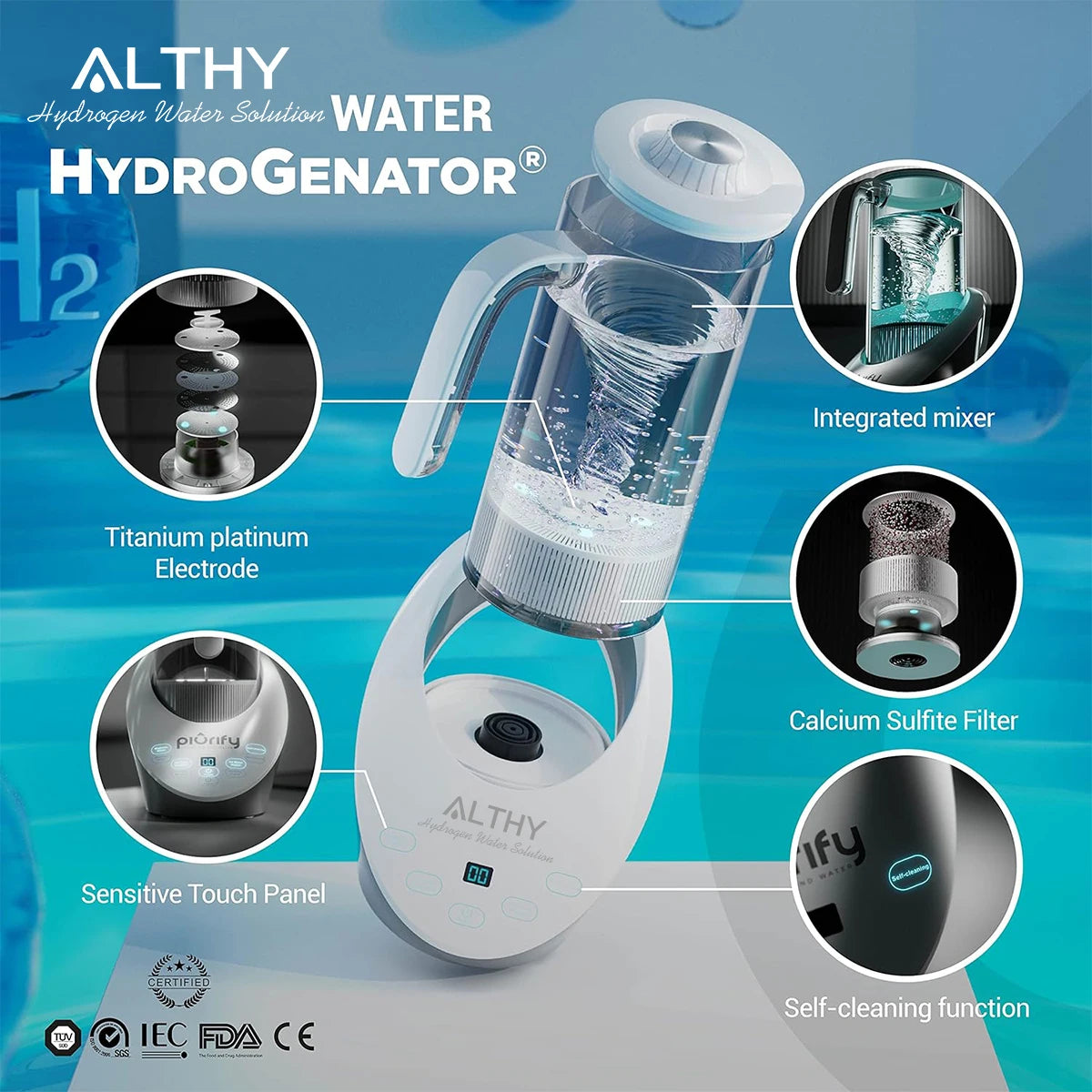 ALTHY Hydrogen Water Pitcher Generator Machine SPE & PEM With PH Calcium Sulfite filter