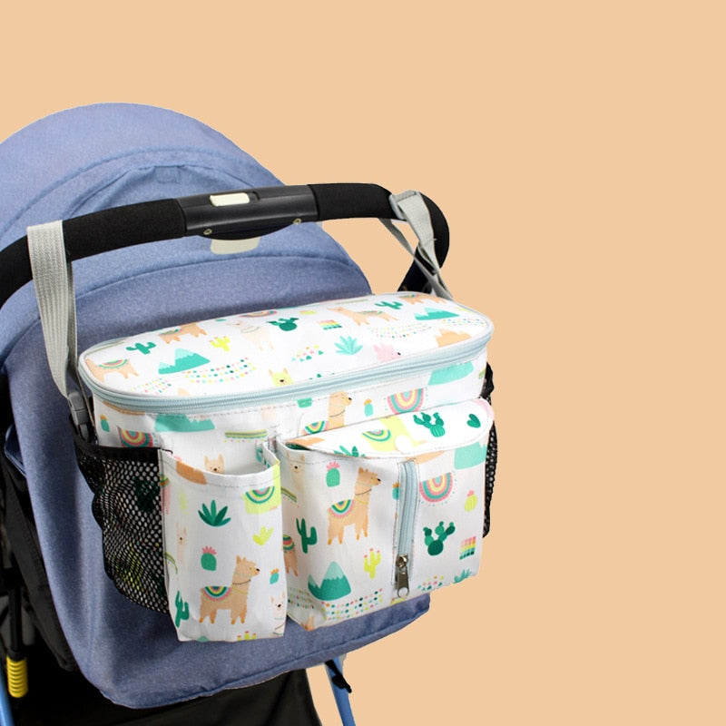 Stroller organizer bag for diapers, baby bottles and toys.