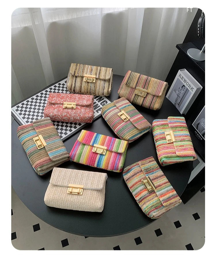 Women's Straw Rainbow Stripe Shoulder Crossbody Handbag With Chain Strap
