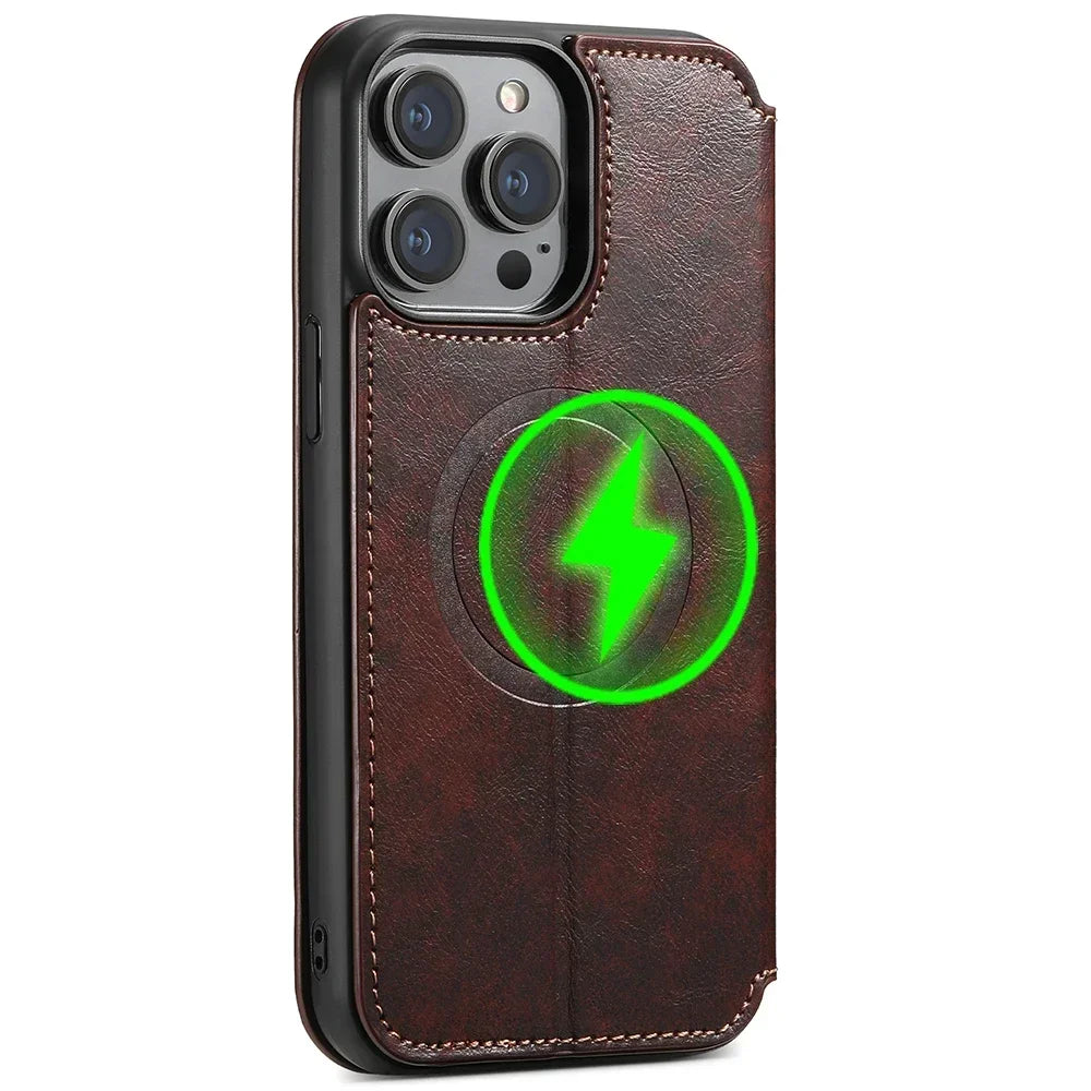 Wireless Charging  Magnetic Leather Wallet Phone Case For iPhone 16 12 13 14 15 Pro Max Plus