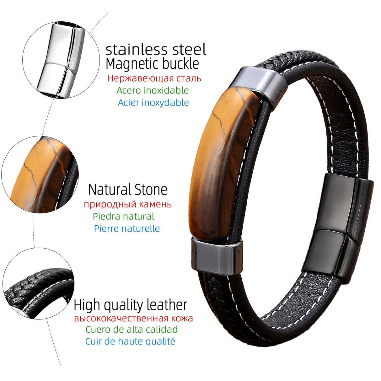 Men's Natural Hematite, Pink Crystal Or Tiger Eye Stone Bracelets With Braided Leather Strap.