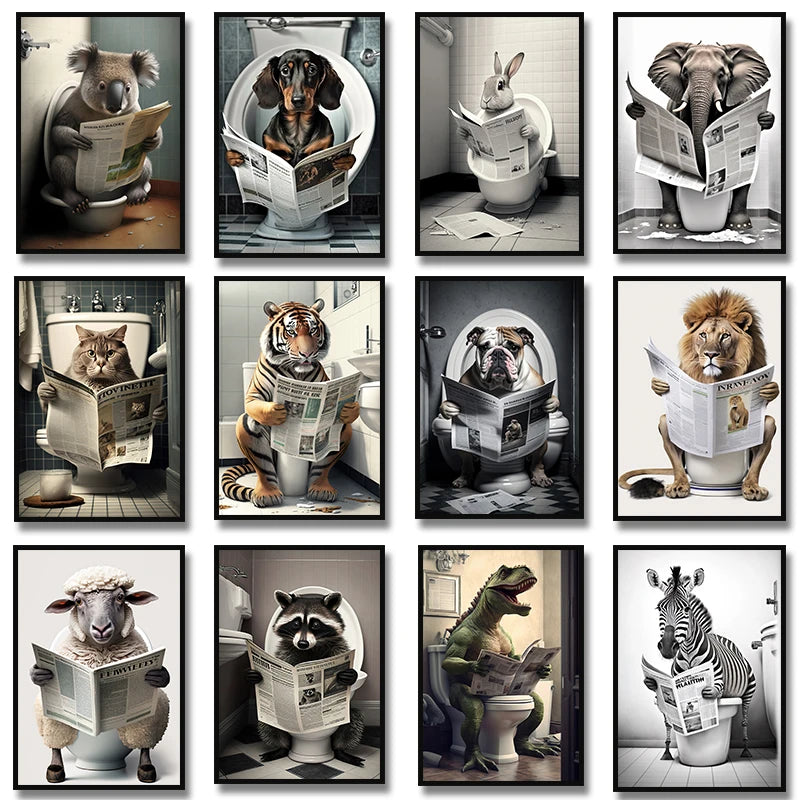 Bathroom Canvas Painting Prints Of Animals Sitting on Toilet Reading The Newspaper
