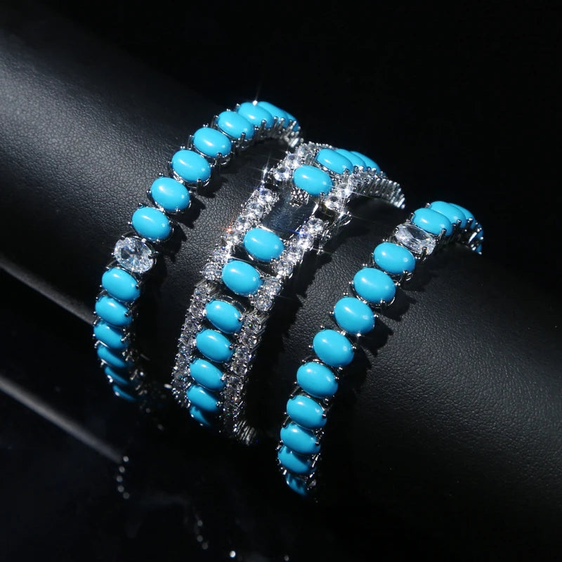 17-19CM Platinum Plated Turquoise Blue With White CZ Stone Tennis Bracelet