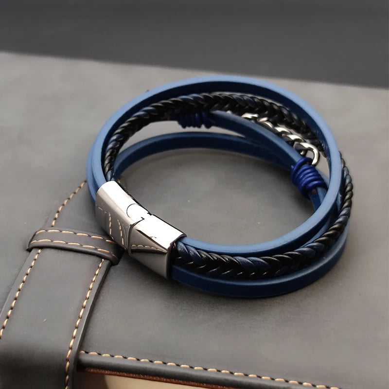 Blue Braided Leather Hexagram Bracelet With Stainless Steel Magnetic Clasp