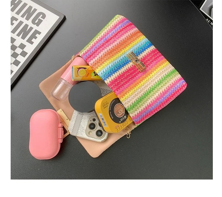Women's Straw Rainbow Stripe Shoulder Crossbody Handbag With Chain Strap