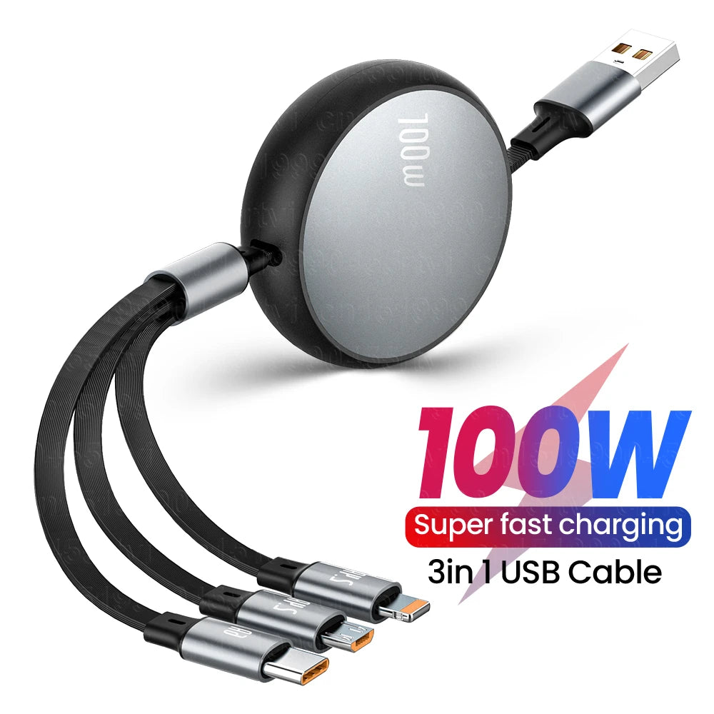 3in1 Retractable Fast Charge USB To 8 pin/Type C 6A 100W USB Cable for iPhone 14 13 12 Pro Max
