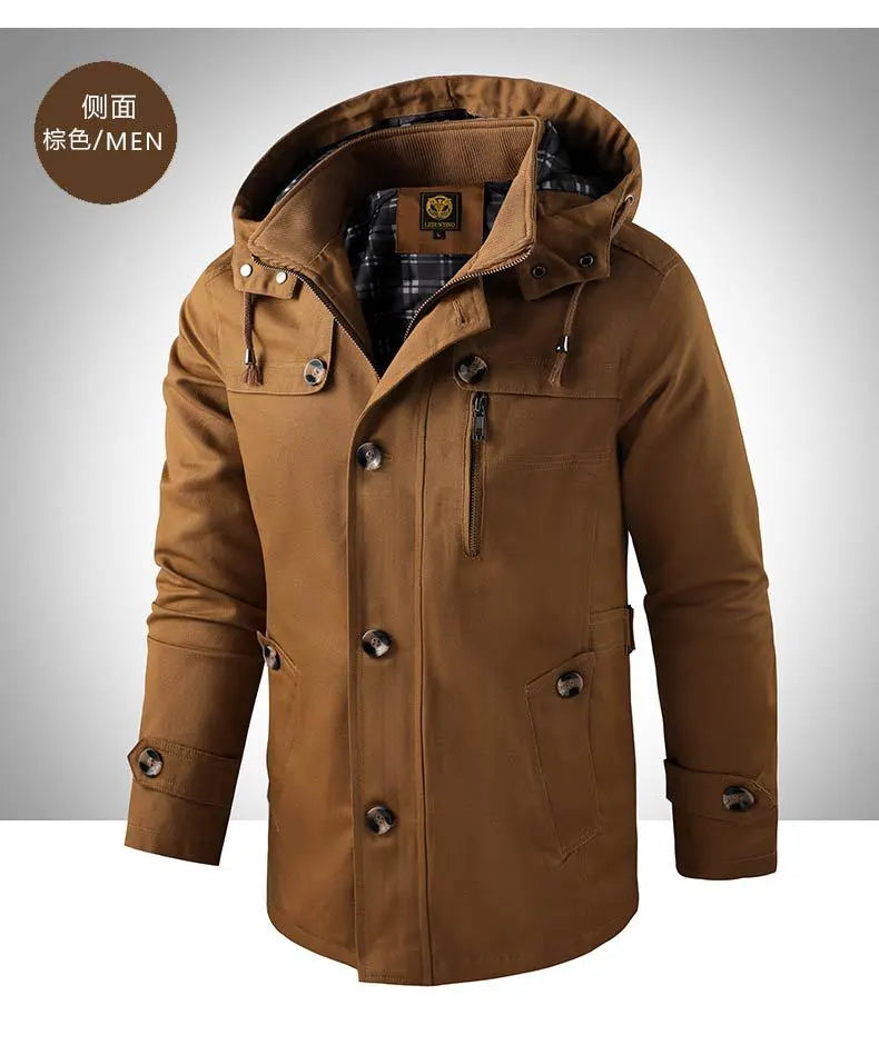 Men's Mid-length Hooded Multi-pocket Slim-fit Jacket