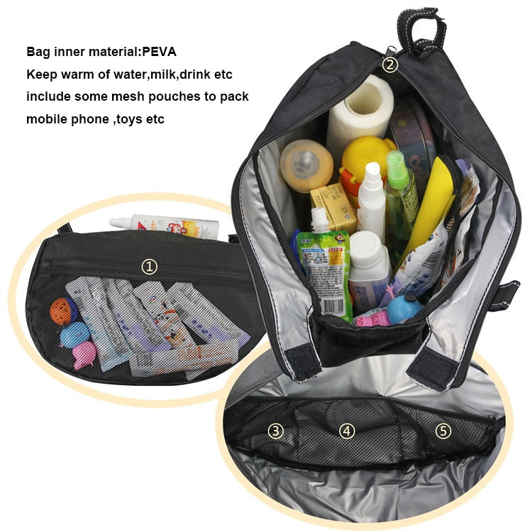 Stroller organizer bag for diapers, baby bottles and toys.
