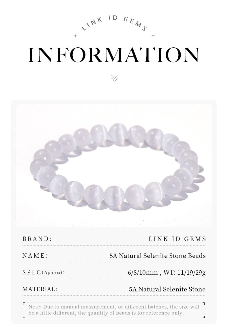 JD Natural White 6/8/10 mm Selenite Stone Bead Bracelet.