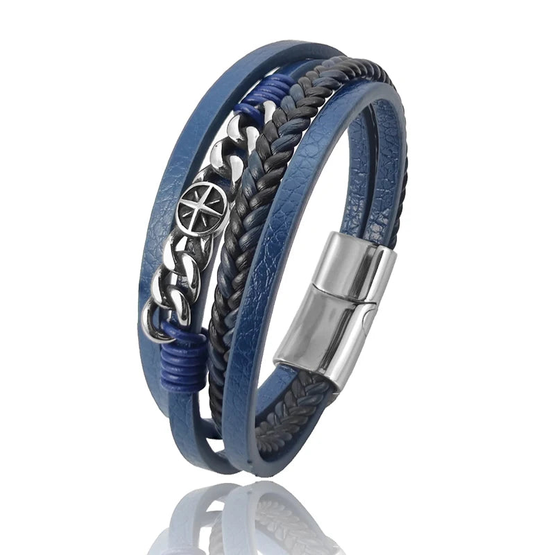 Blue Braided Leather Hexagram Bracelet With Stainless Steel Magnetic Clasp