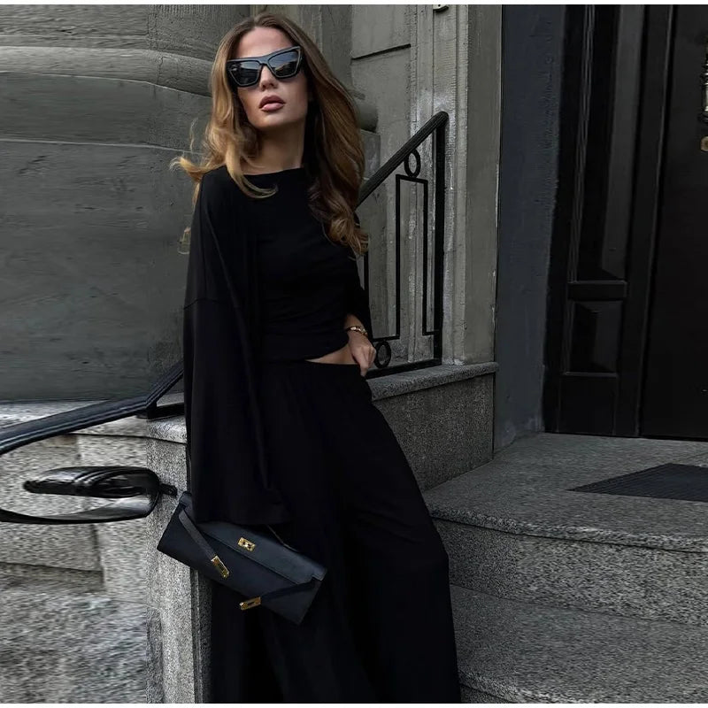 Women's 3 Piece Off Shoulder Sleeveless Cropped Tank Top With Elastic Wide Leg Pant And Long Cardigan