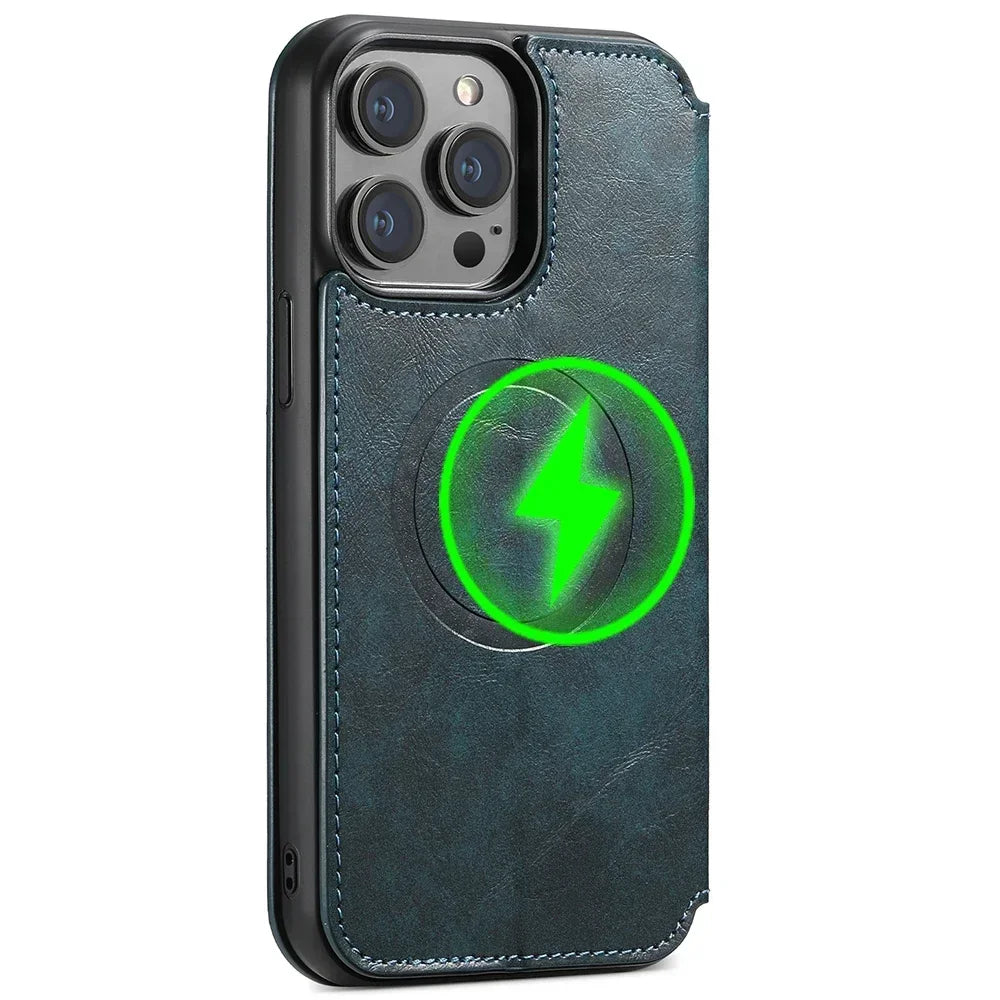 Wireless Charging  Magnetic Leather Wallet Phone Case For iPhone 16 12 13 14 15 Pro Max Plus