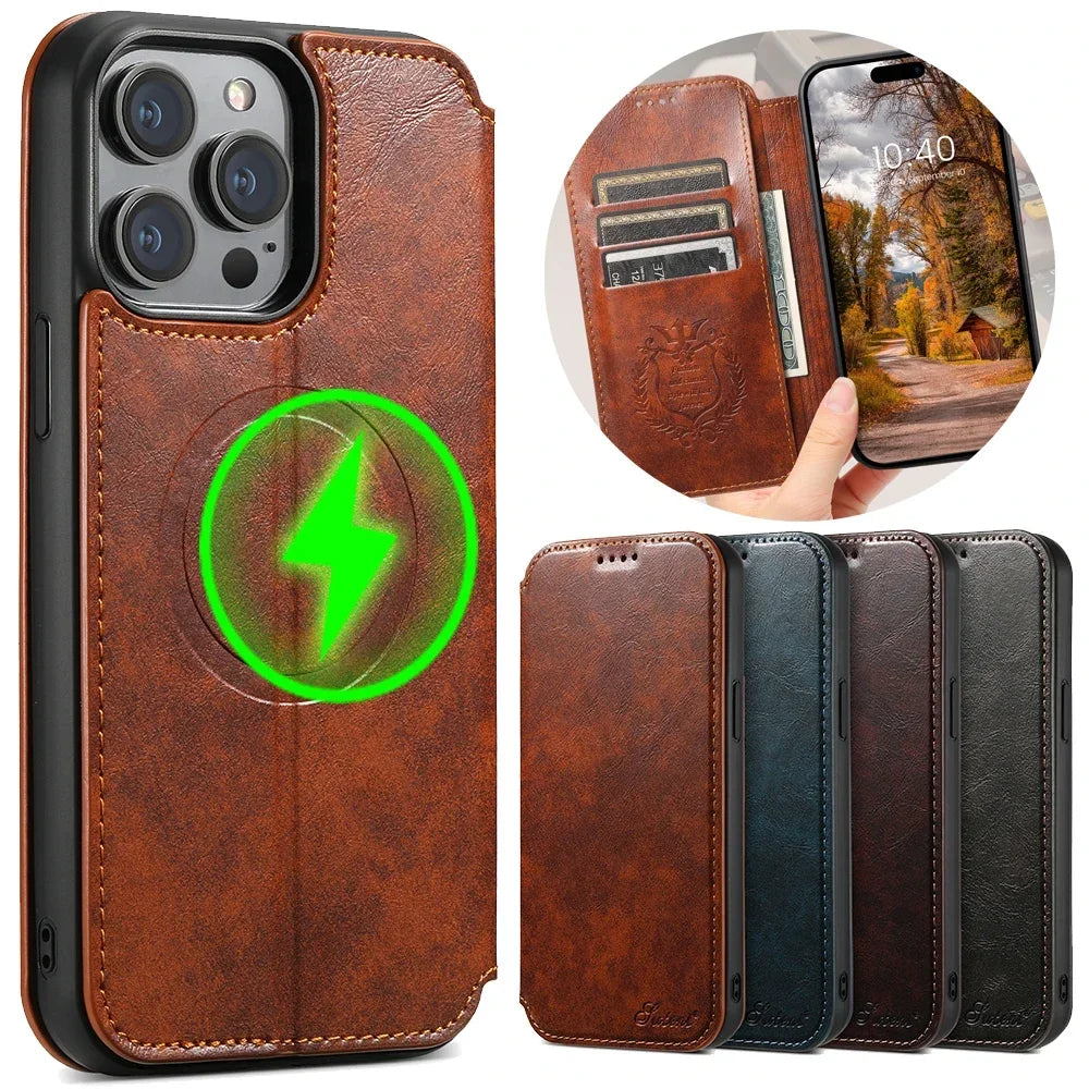 Wireless Charging  Magnetic Leather Wallet Phone Case For iPhone 16 12 13 14 15 Pro Max Plus