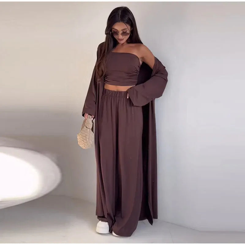 Women's 3 Piece Off Shoulder Sleeveless Cropped Tank Top With Elastic Wide Leg Pant And Long Cardigan