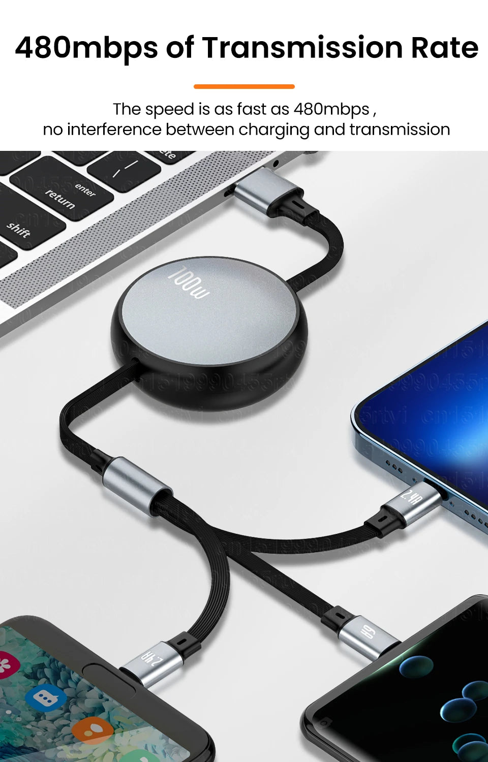 3in1 Retractable Fast Charge USB To 8 pin/Type C 6A 100W USB Cable for iPhone 14 13 12 Pro Max