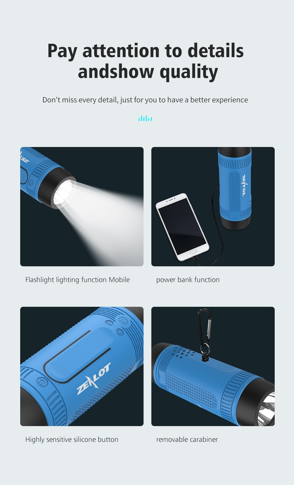 Zealot S1 Waterproof, Wireless Bluetooth Speaker With Bike Mount and Flashlight.