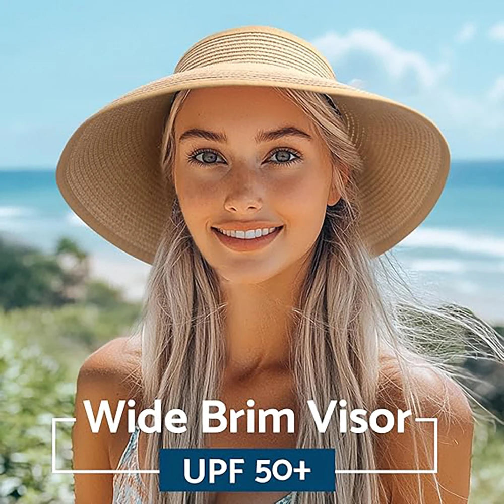Women's Foldable Ponytail Straw Travel Sun Hat