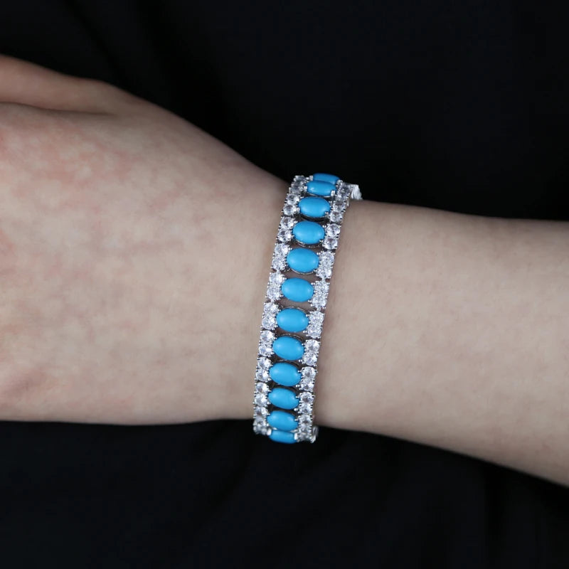 17-19CM Platinum Plated Turquoise Blue With White CZ Stone Tennis Bracelet