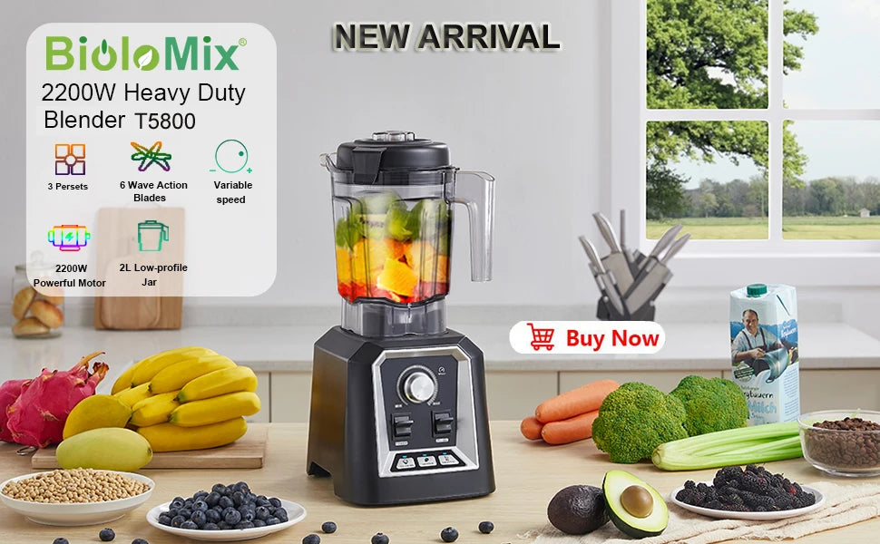 BioloMix 3HP 2200W Heavy Duty Commercial Grade Blender With BPA Free 2L Jar