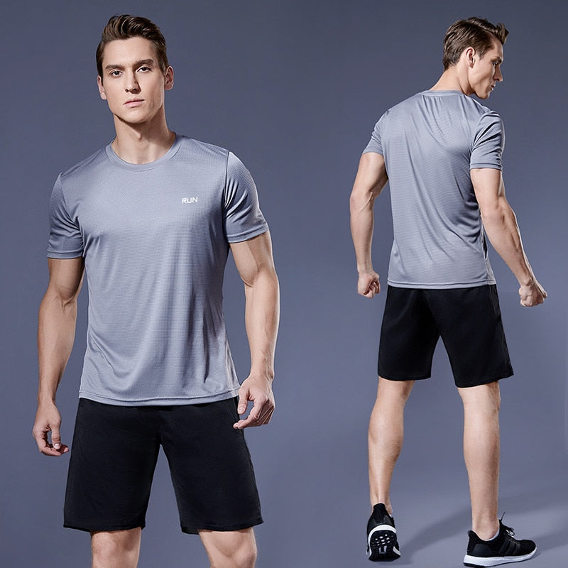 Men's multicolor short sleeve gym shirts. Quick drying, breathable sportswear