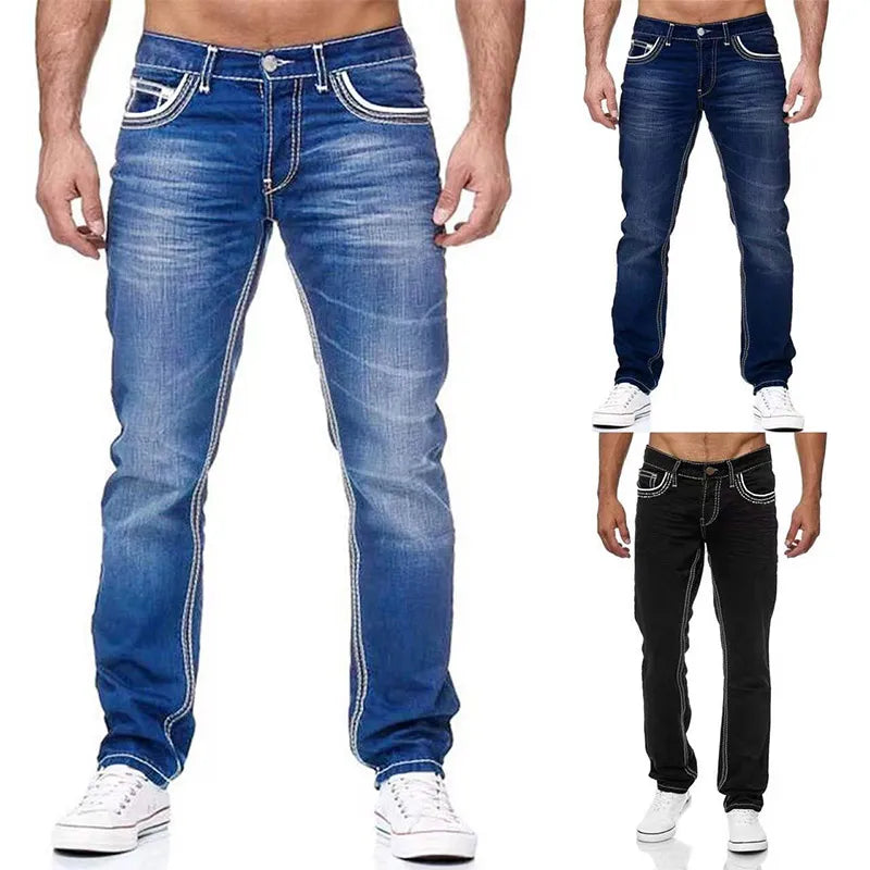 Men Stretch Denim Straight Leg Jeans With Pockets.