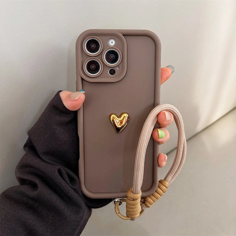 3D Golden Love Heart Soft Case With Strap For iPhone 16 17 Pro Max 15 14 13 12 11 Pro 16E 7 8 Plus