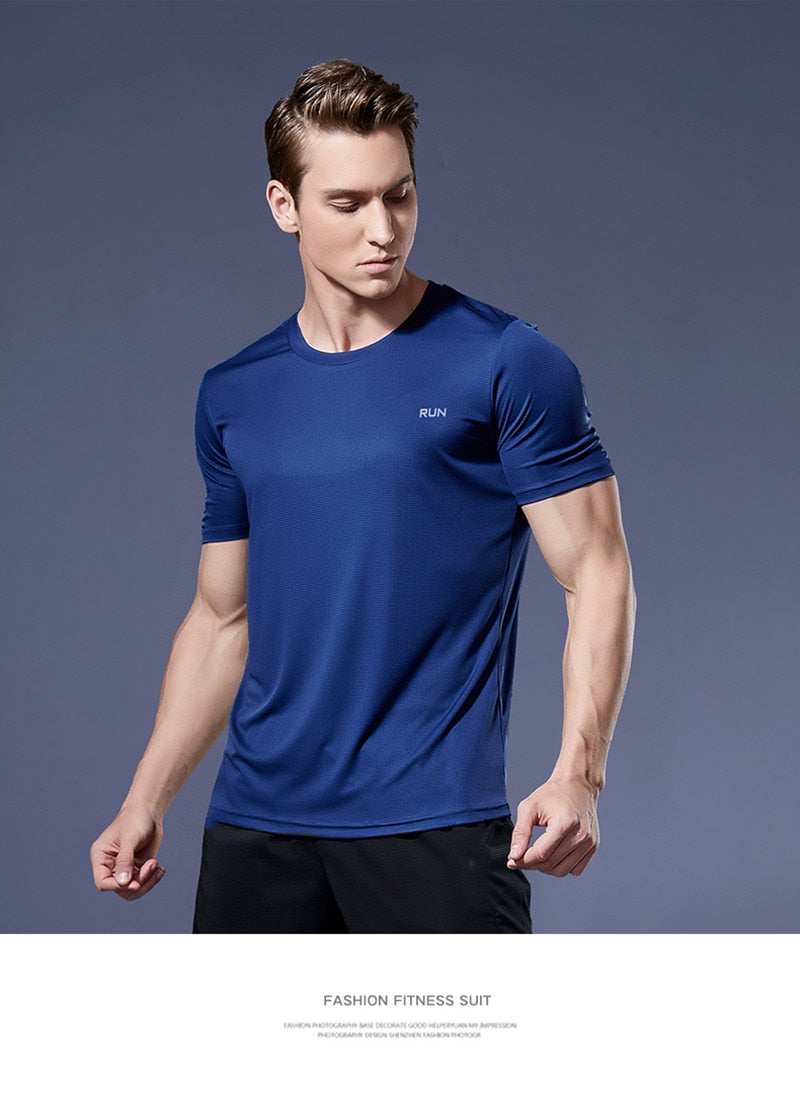 Men's multicolor short sleeve gym shirts. Quick drying, breathable sportswear