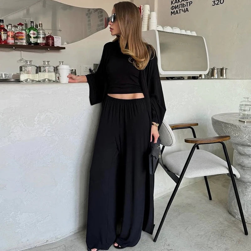 Women's 3 Piece Off Shoulder Sleeveless Cropped Tank Top With Elastic Wide Leg Pant And Long Cardigan