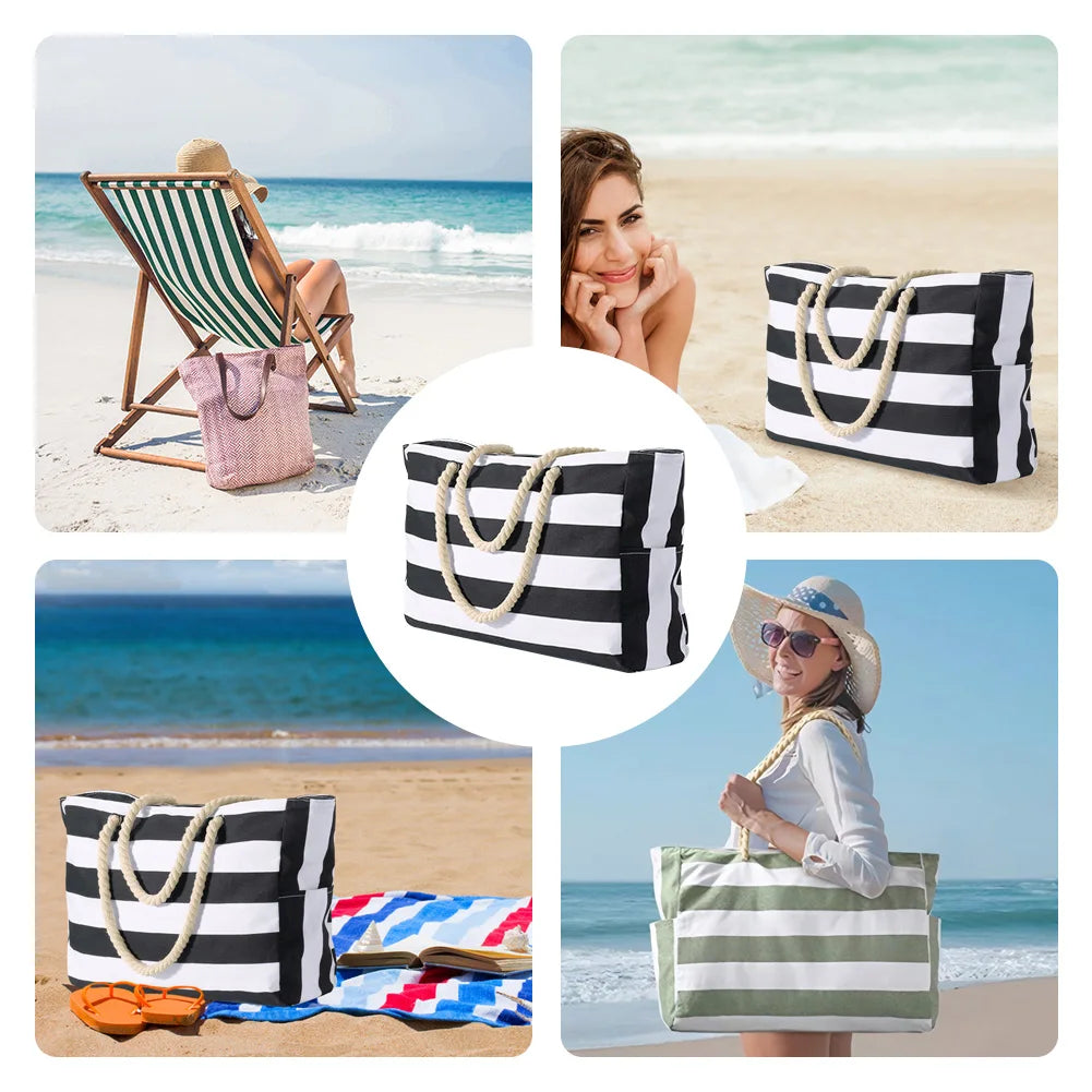 Striped Waterproof Canvas Summer Beach Tote Bag With Zipper