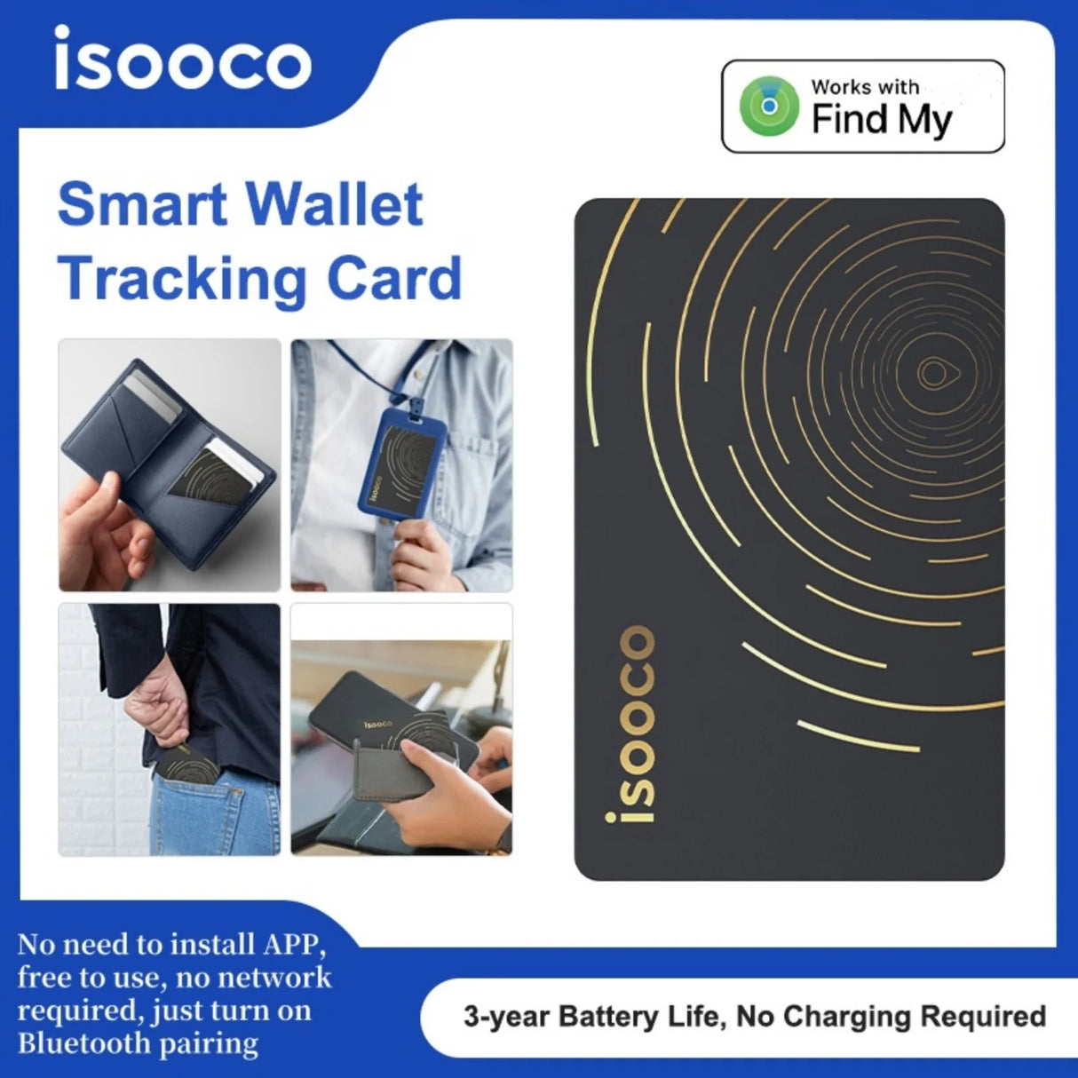 isooco Ultra-thin No Charging Wallet GPS Locator With Bluetooth Pairing Find My (IOS Only)