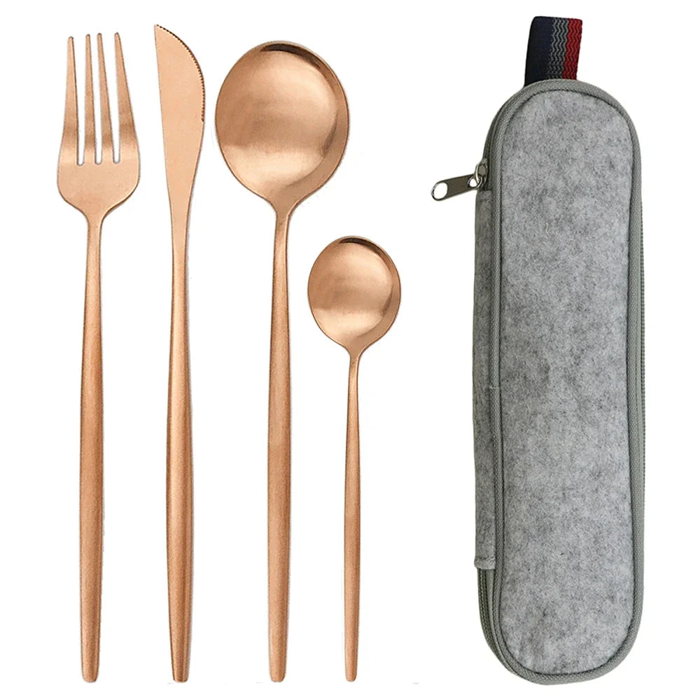 5pcs Black Gold Reusable Dinnerware Set For Camping With Case
