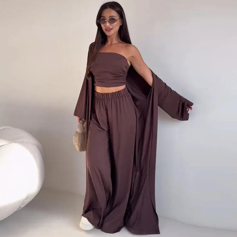Women's 3 Piece Off Shoulder Sleeveless Cropped Tank Top With Elastic Wide Leg Pant And Long Cardigan
