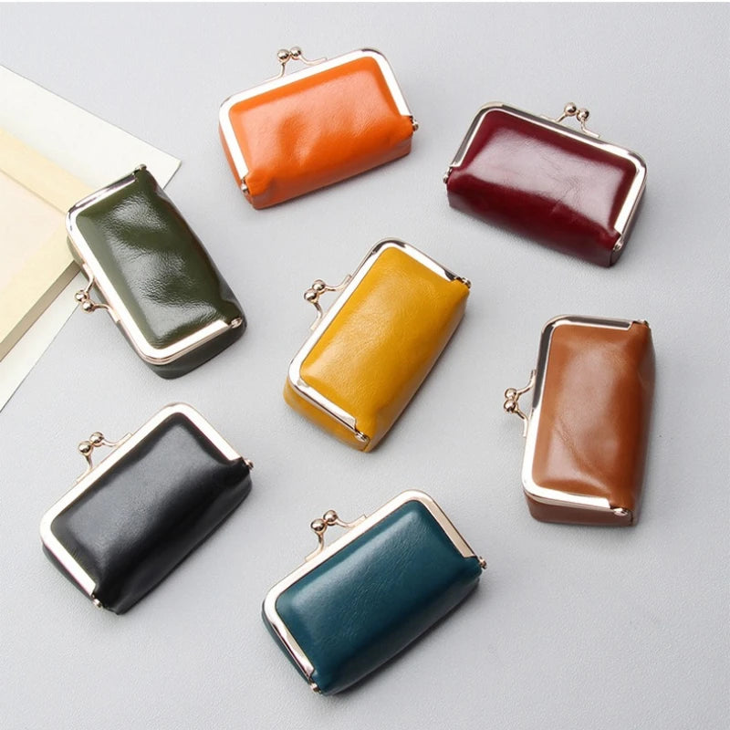 Compact Genuine Leather Kiss-Lock Mini Accessorie Pouch