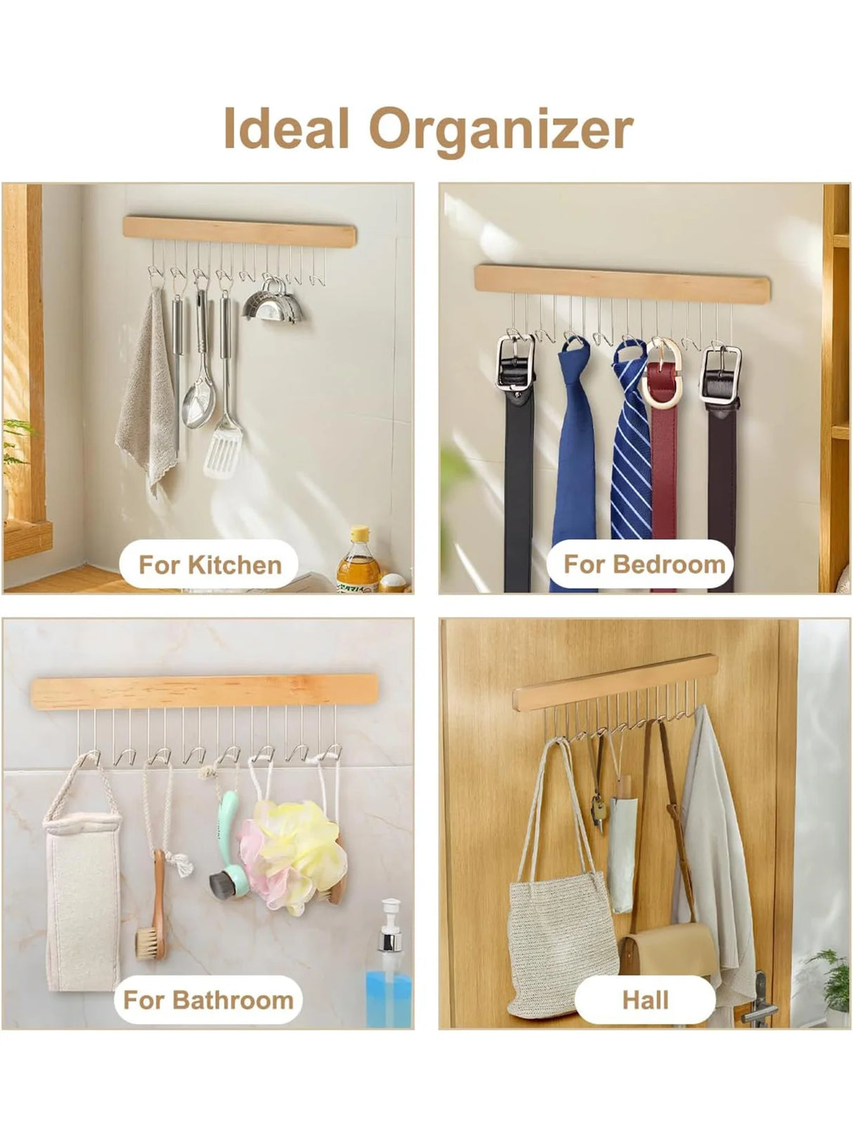 Wooden Wall-mounted Multi-function Storage Rack with 8 Hooks With Slider
