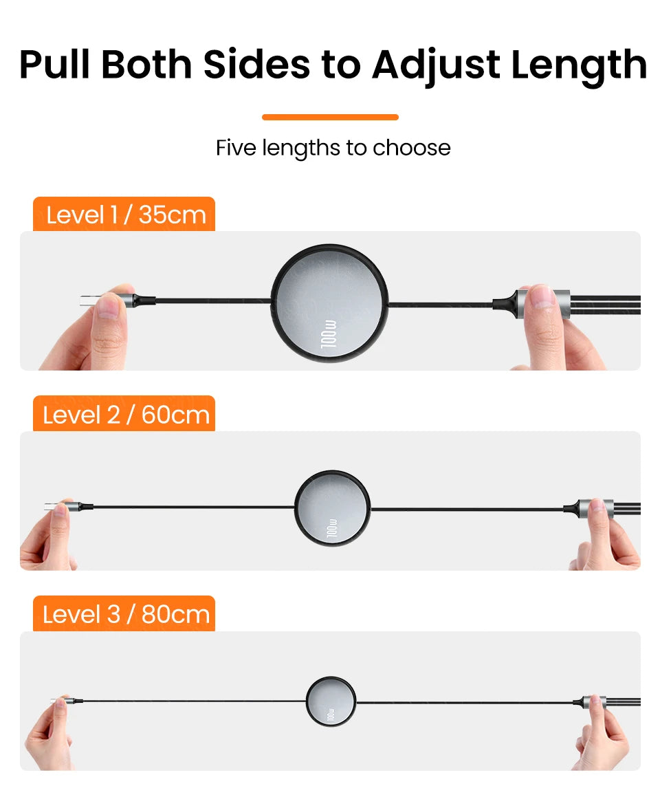 3in1 Retractable Fast Charge USB To 8 pin/Type C 6A 100W USB Cable for iPhone 14 13 12 Pro Max