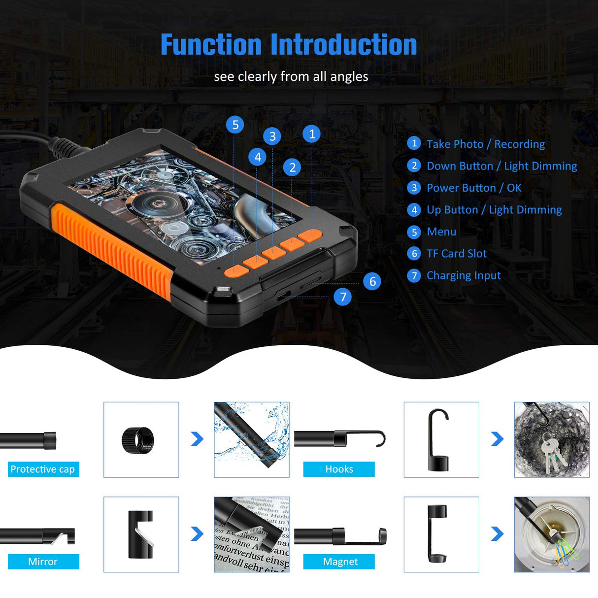 Industrial Borescope IP68 Waterproof With 8 LED Camera. 1080P 4.3 Inch IPS Single Or Dual Lens .