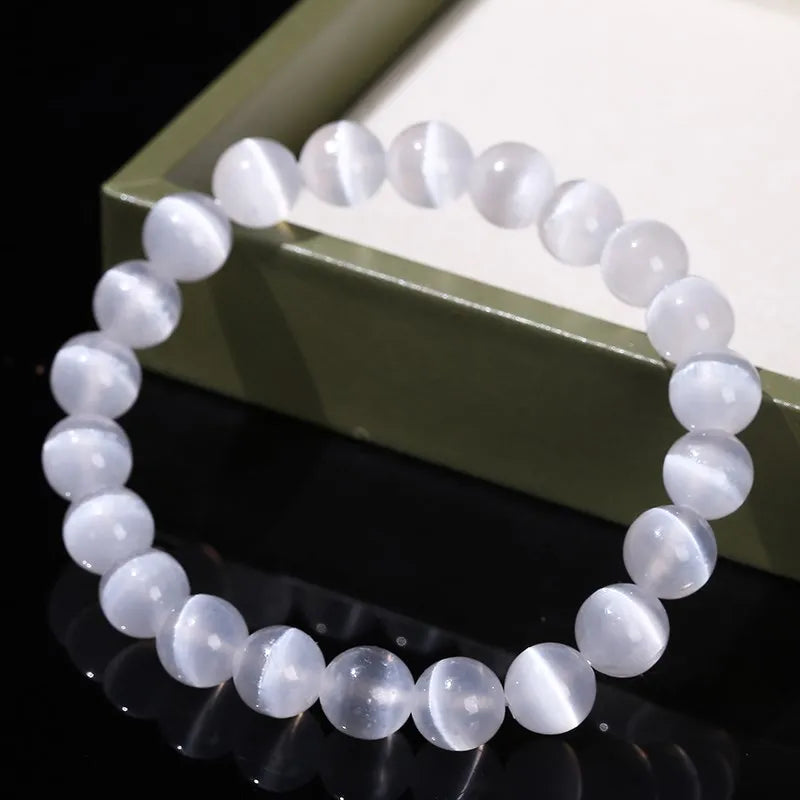 JD Natural White 6/8/10 mm Selenite Stone Bead Bracelet.