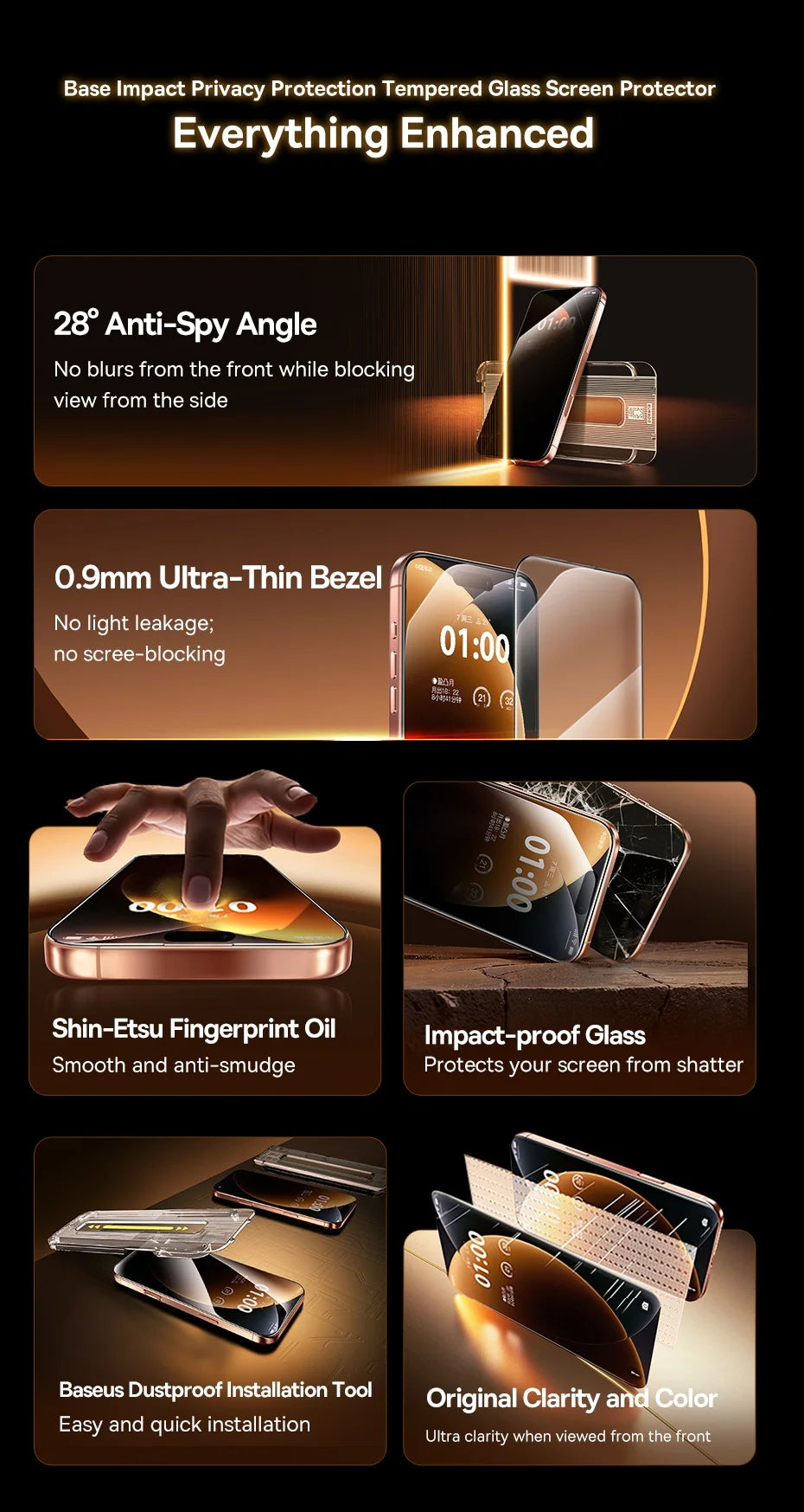 Baseus 0.4mm Corning Tempered Glass Screen Protector for iPhone 13 14 15 16 17 Pro Max Plus