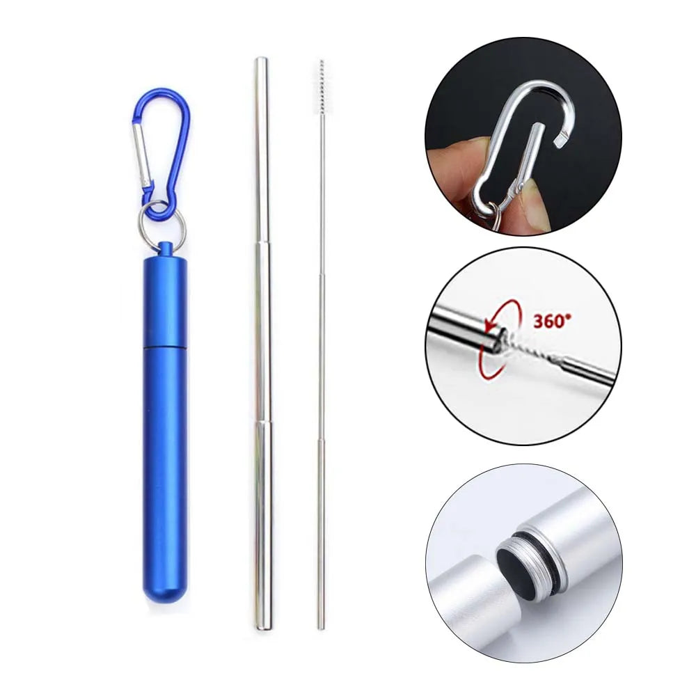 Reusable Stainless Steel Telescopic Straws With Cleaning Brush And Travel Case.