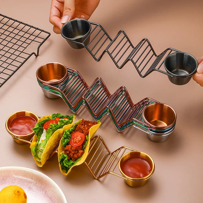 Stainless Steel Taco Holder Set With 2 Sauce Cup Holder
