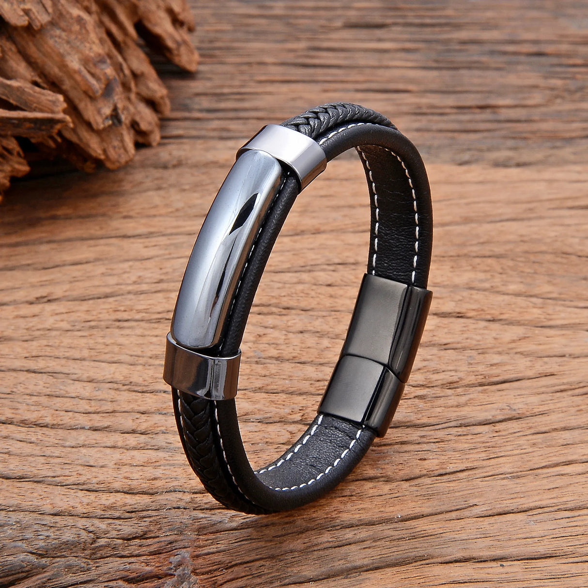 Men's Natural Hematite, Pink Crystal Or Tiger Eye Stone Bracelets With Braided Leather Strap.