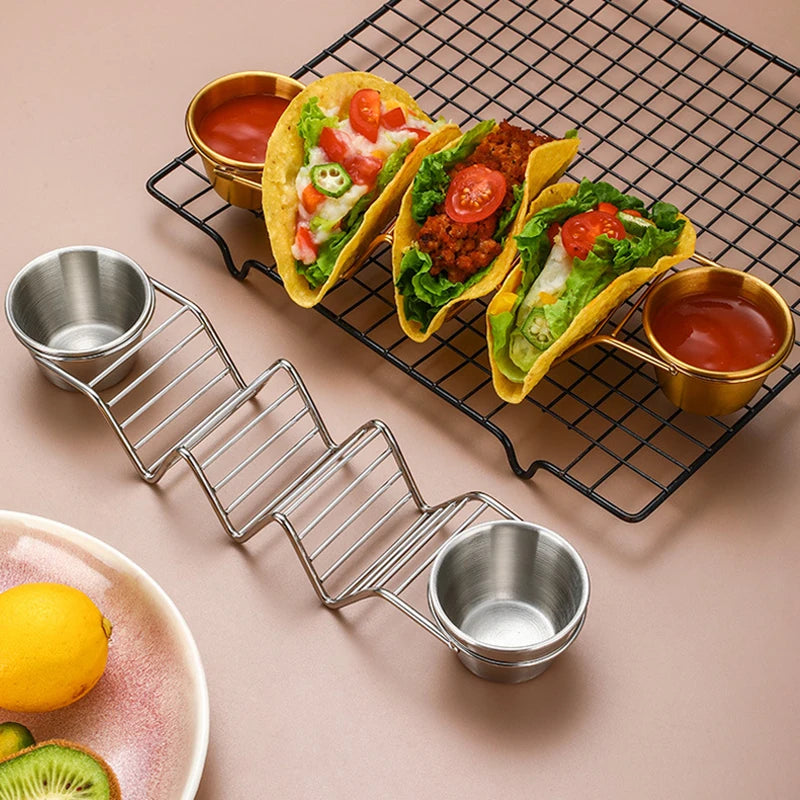 Stainless Steel Taco Holder Set With 2 Sauce Cup Holder