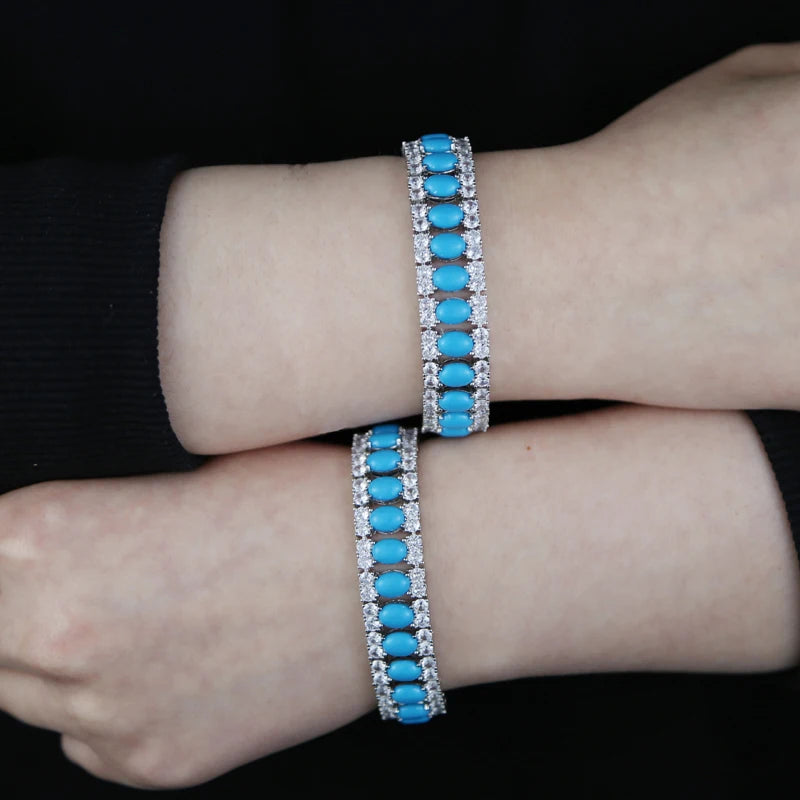 17-19CM Platinum Plated Turquoise Blue With White CZ Stone Tennis Bracelet