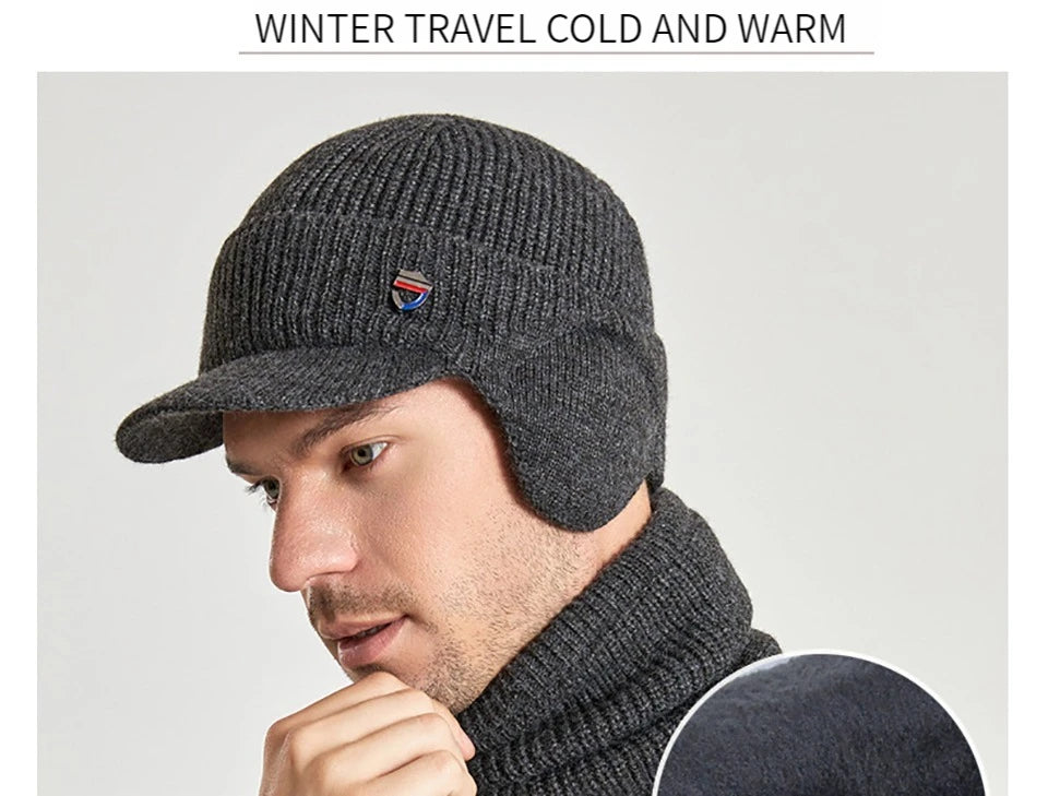 Men Or Women's Knitted Neck Scarf And Hat With Extra Ear Protection