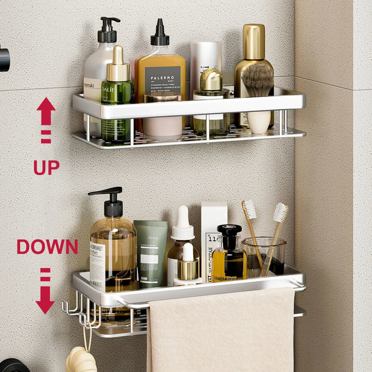 Metal Wall Mounted Bathroom/Kitchen Shelf With Adhesive Patch To Secure