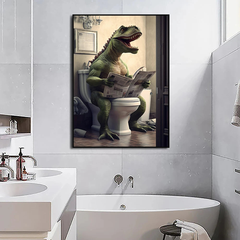 Bathroom Canvas Painting Prints Of Animals Sitting on Toilet Reading The Newspaper