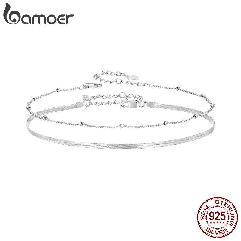 BAMOER 925 Sterling Silver Snake Adjustable Chain Anklet Bracelet