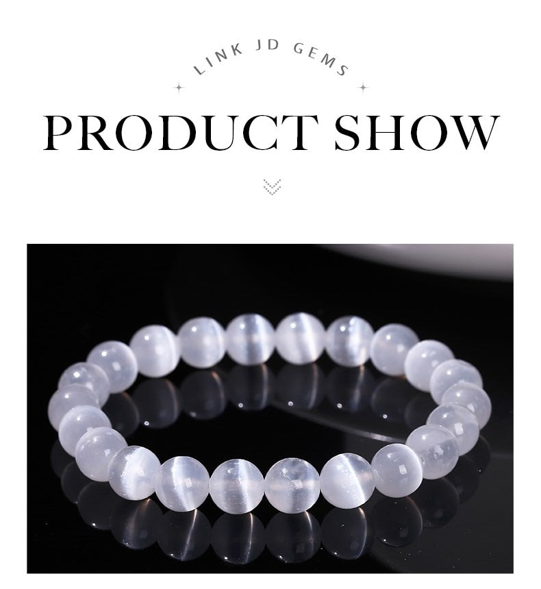 JD Natural White 6/8/10 mm Selenite Stone Bead Bracelet.