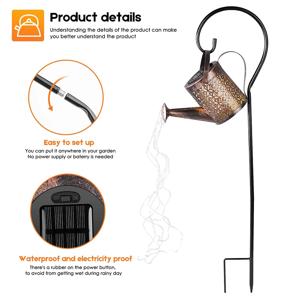 Solar Metal Waterproof Watering Can Garden Decor
