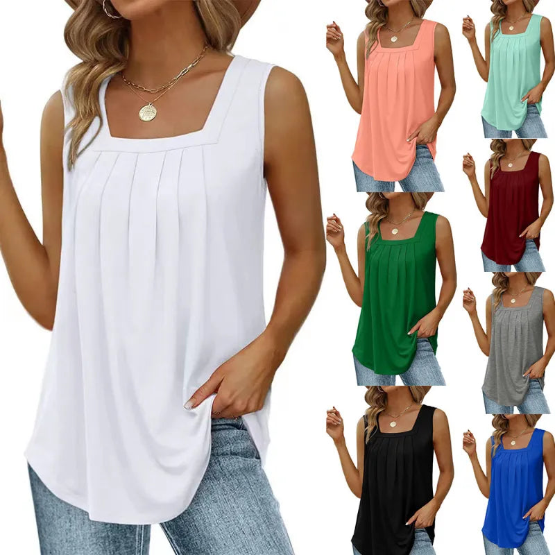 Women's Sleeveless, Pleated Casual Tops. Size S-5XL.